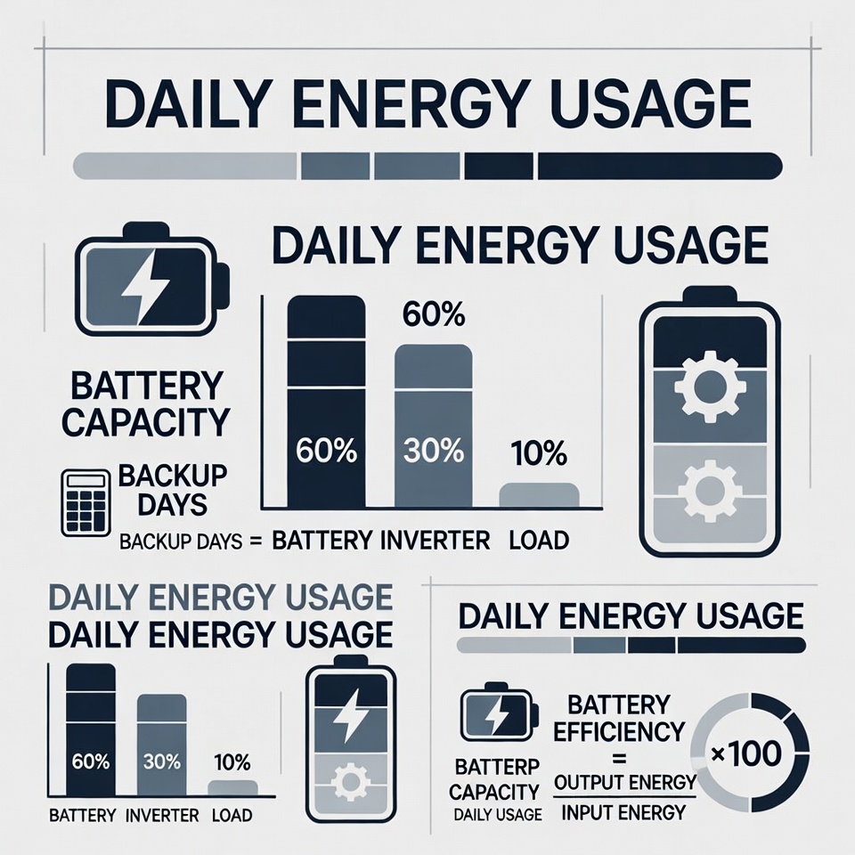 Solar battery size formula infographic for home energy storage