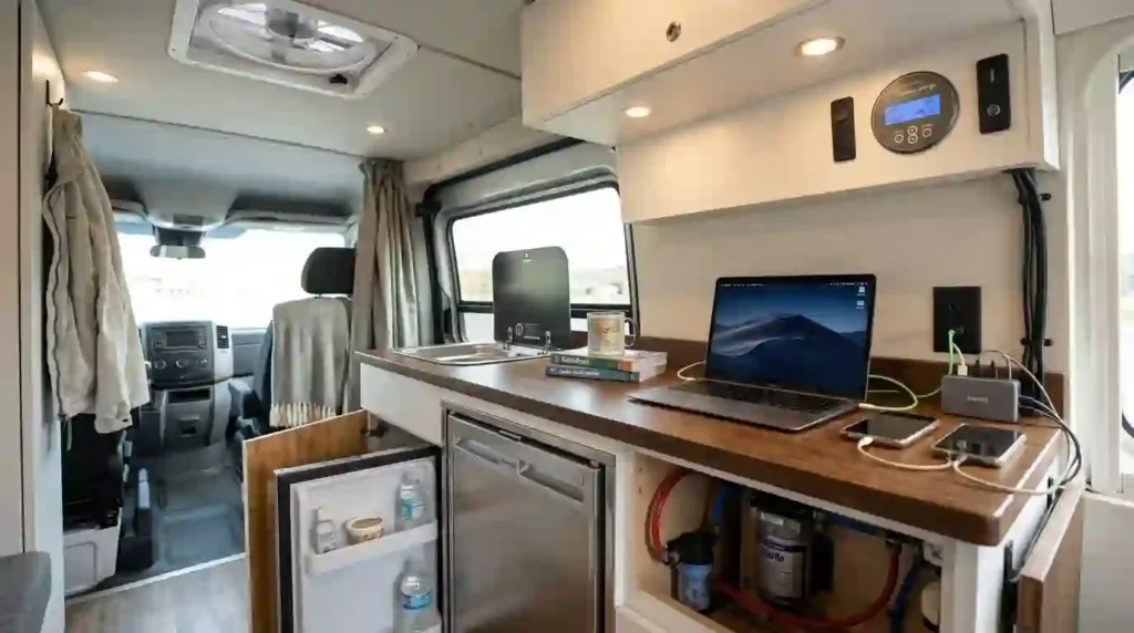 Campervan interior appliances using solar-generated electricity