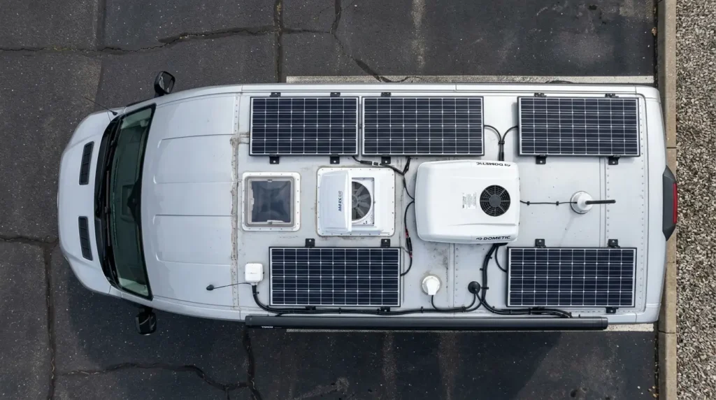 Class B van roof showing solar panels, vents and available installation space