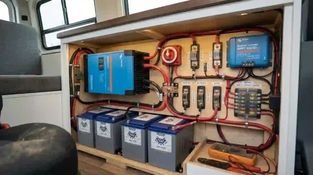 Class B van interior with LiFePO4 batteries inverter and solar charge controller