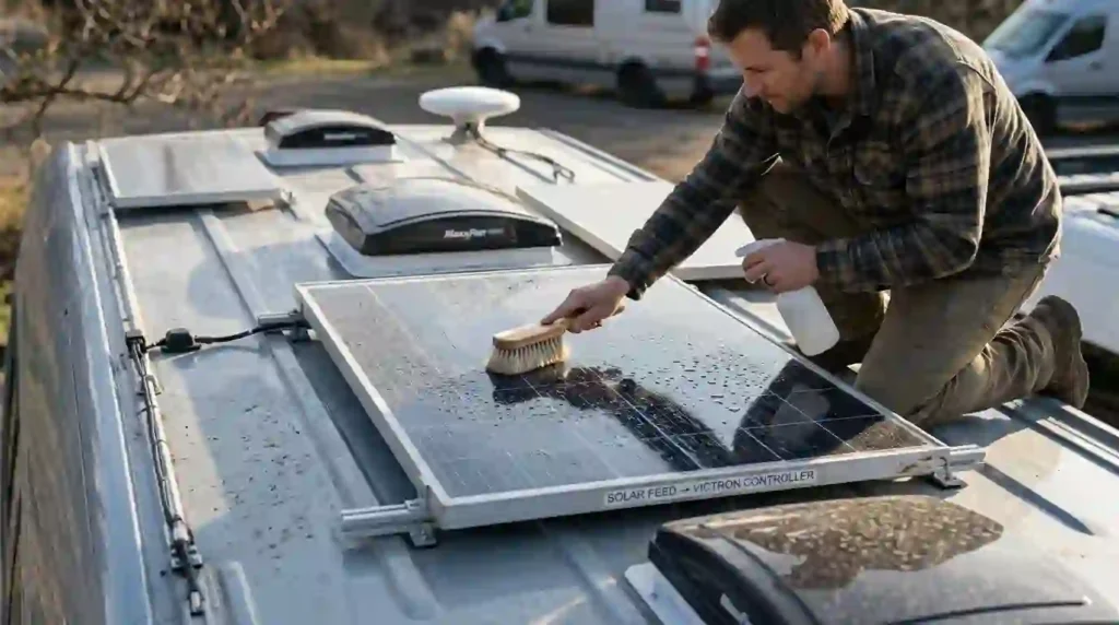 Campervan owner cleaning rooftop solar panels with a soft brush