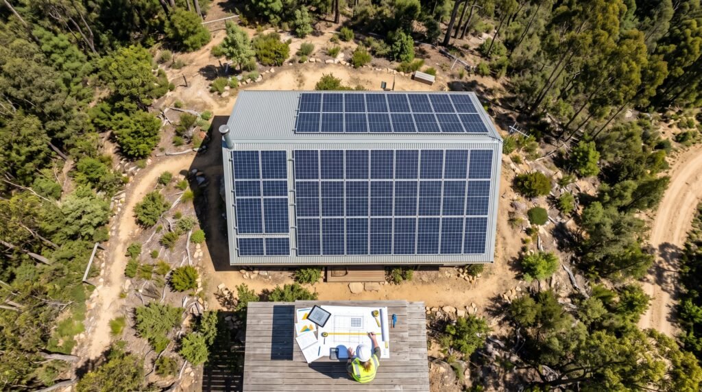 Engineer calculating solar panel array size for off-grid solar system sizing using roof measurements and design plans.