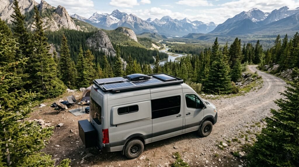 Mercedes Sprinter camper van with six rooftop solar panels installed