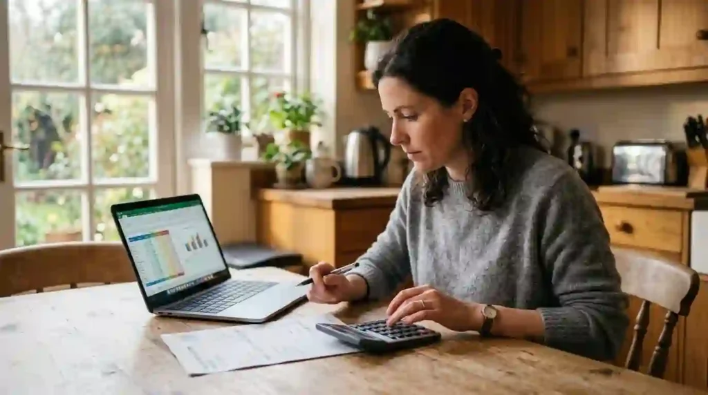 Homeowner calculating solar project costs at home using an invoice and calculator