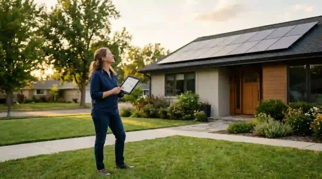 Homeowner reviewing solar tax documents in front of a house with rooftop solar panels