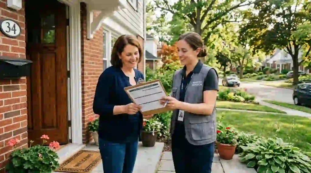 Homeowner discussing state and utility solar incentive programs with an energy advisor