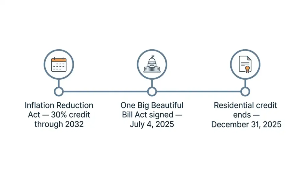 Timeline showing the federal solar tax credit changes from the Inflation Reduction Act to its expiration in December 2025