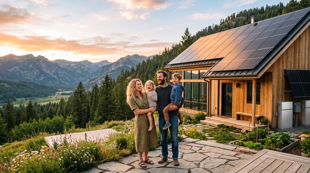 Family enjoying energy independence with a modern off-grid solar-powered home.