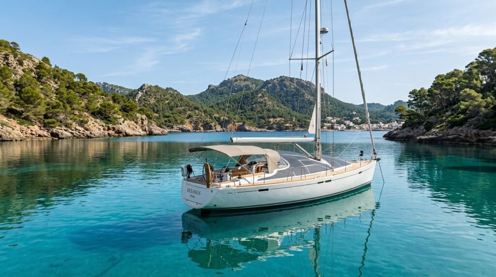 Modern sailboat with flexible solar panels installed on the cabin roof