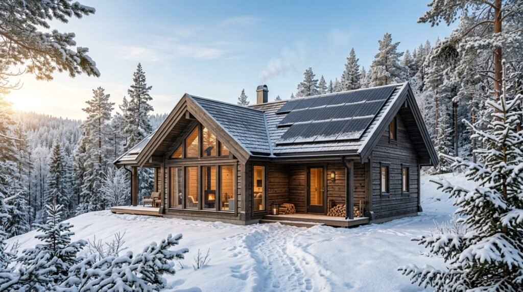 Remote wooden cabin with rooftop solar array in snowy mountains