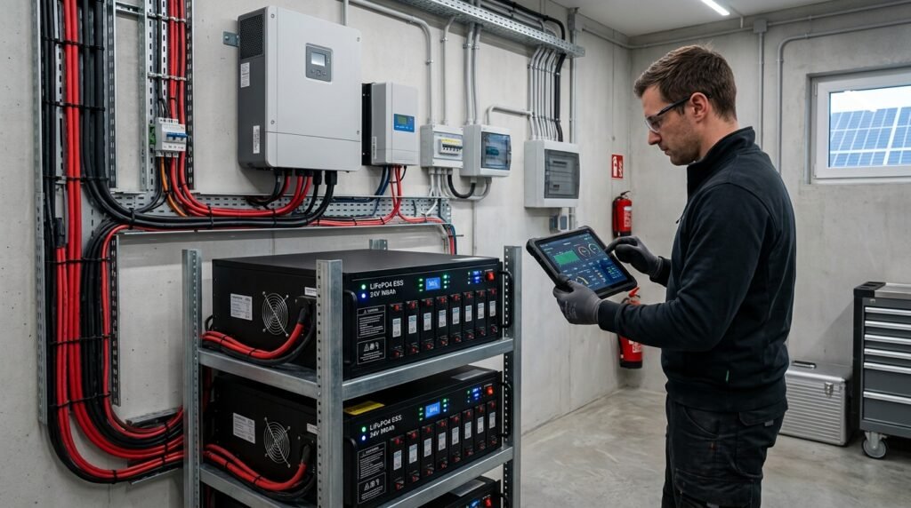 LiFePO4 battery bank connected to an off-grid solar power system for calculating battery capacity and energy storage.