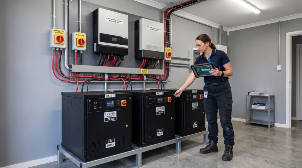 Professional off-grid solar system installation showing panels, inverter, batteries, and electrical components.