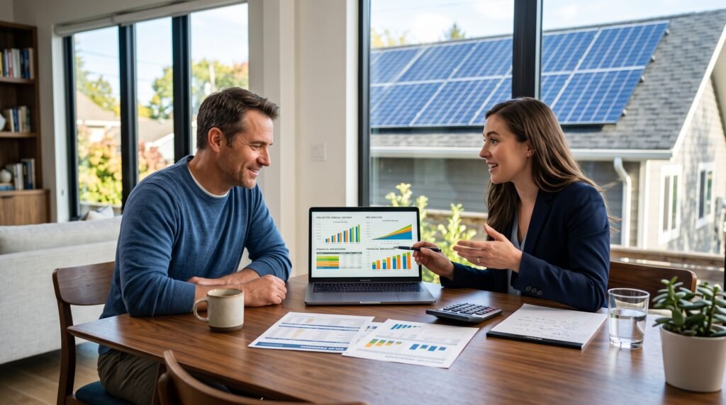 Homeowner reviewing return on investment and payback calculations for an off-grid solar system.