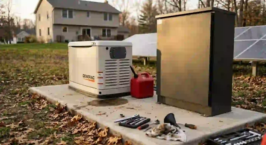 Backup generator next to home battery storage for off-grid reliability