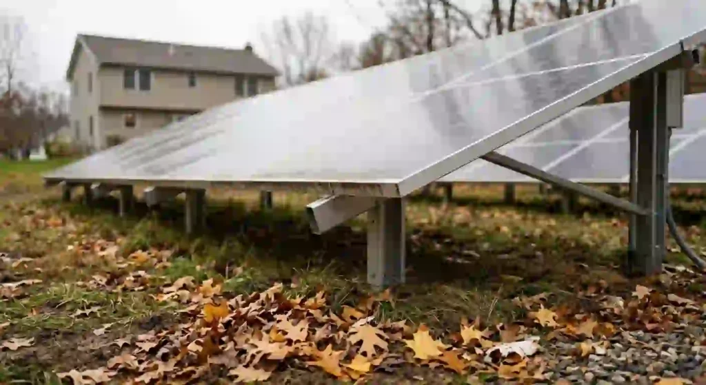 Ground-mounted solar array under overcast conditions affecting seasonal production