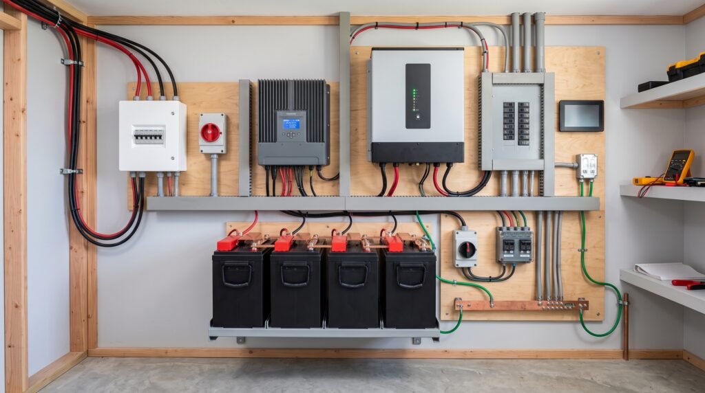 Professional lithium battery bank installation for an off-grid solar power system.