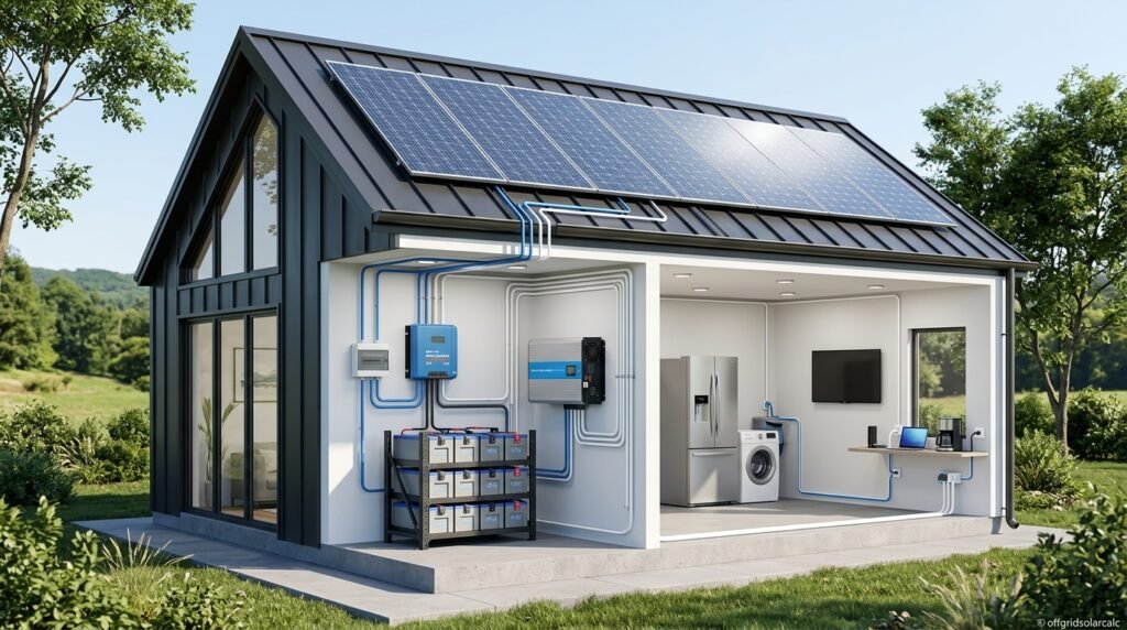 Complete off-grid solar system showing solar panels, MPPT charge controller, lithium batteries, inverter, and household electrical loads.