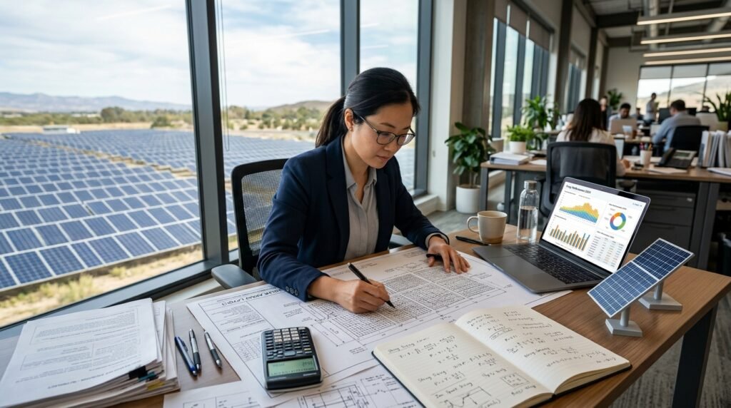 Solar engineer reviewing off-grid solar system sizing calculations using blueprints, laptop, and calculator.