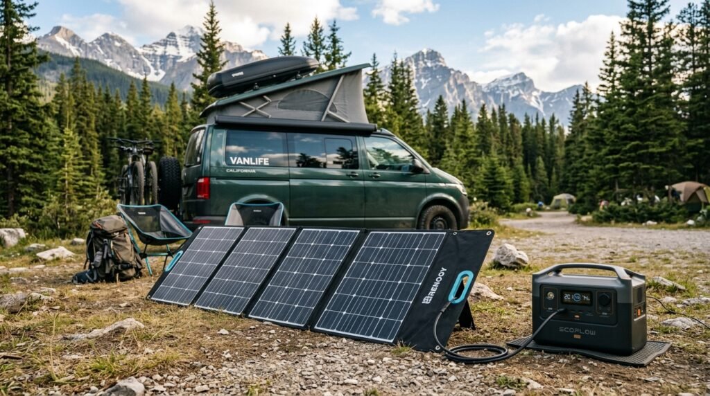 Foldable portable solar panels charging a battery beside a camper van