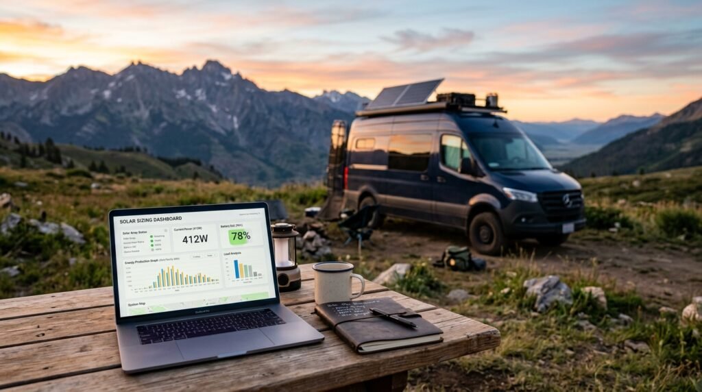 Laptop displaying solar sizing calculator beside a camper van