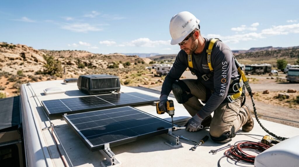 Professional installer mounting solar panels on an RV roof
