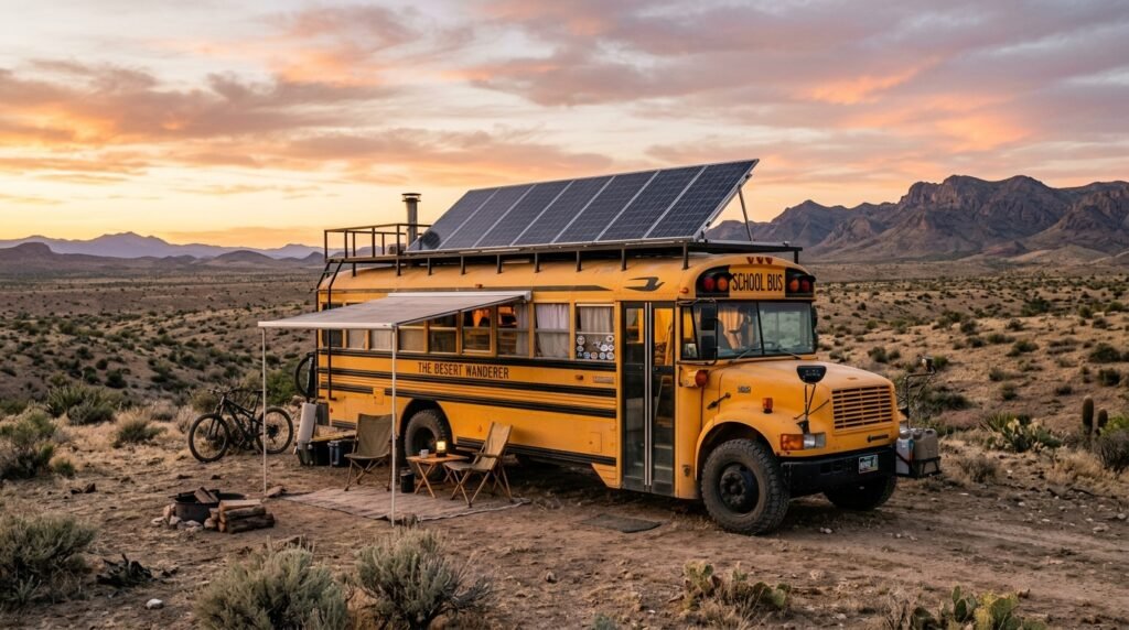 Converted school bus with full rooftop solar array parked off-grid