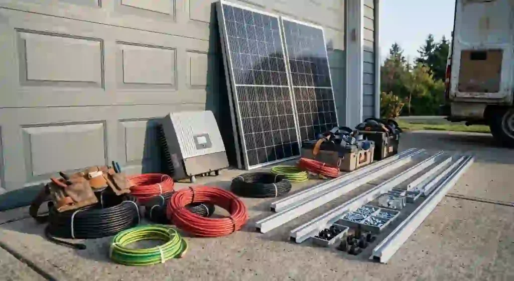 Solar panels, inverter, and mounting equipment staged before installation