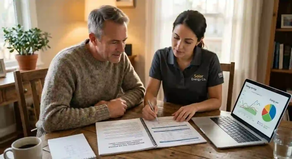 Homeowner reviewing a solar installation quote with an installer at a table