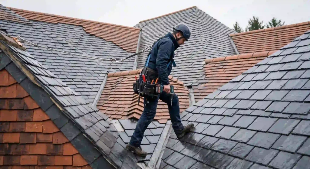Installer working on a steep tiled roof, illustrating how roof complexity affects solar panel installation cost