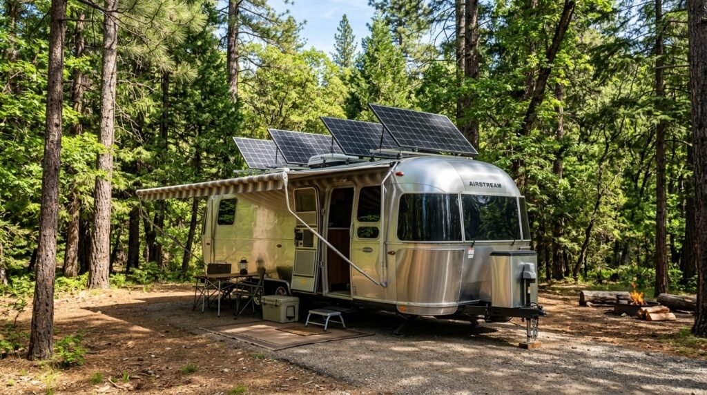 Travel trailer with rooftop solar panels camping in a national park