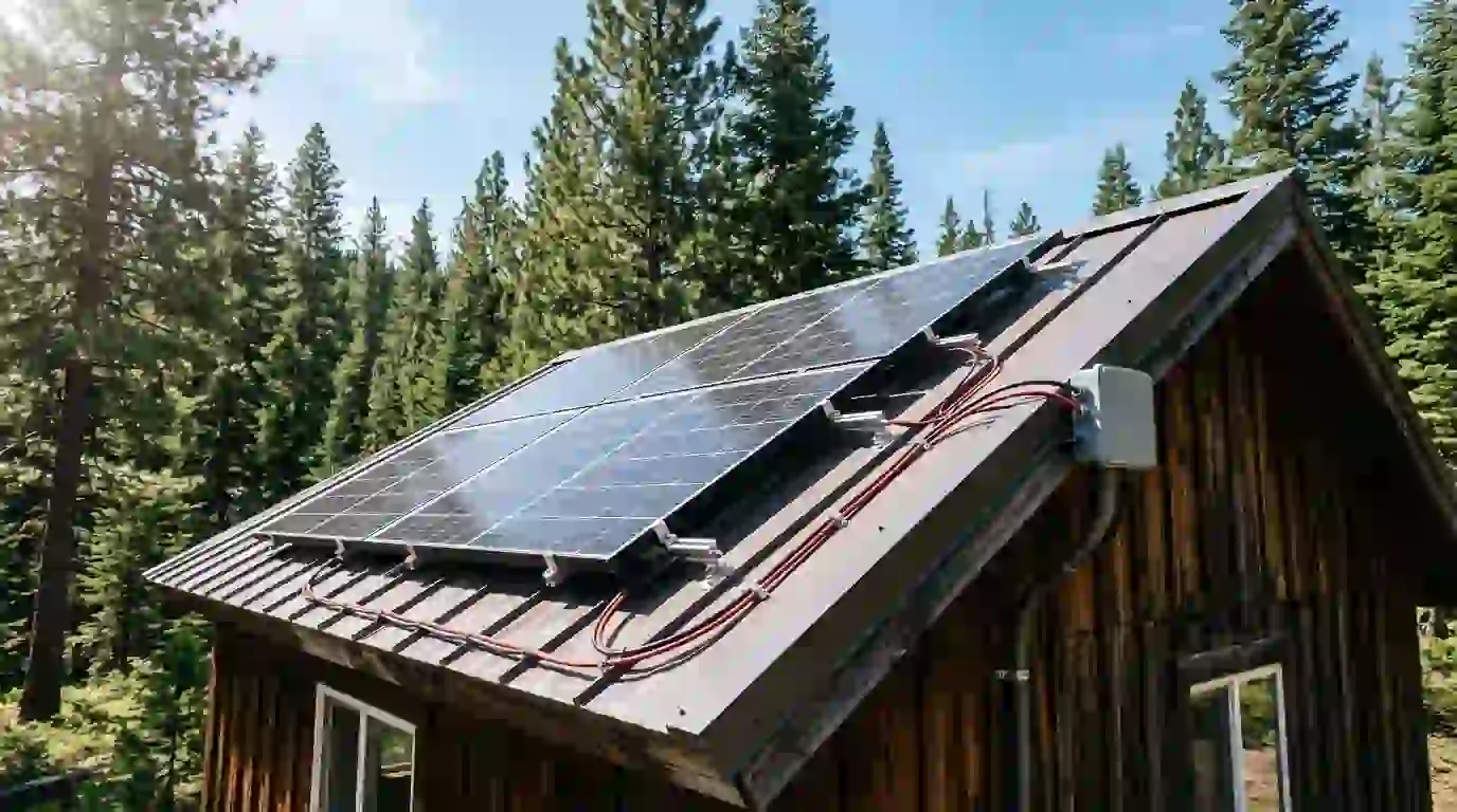Solar panels mounted on the roof of a cabin