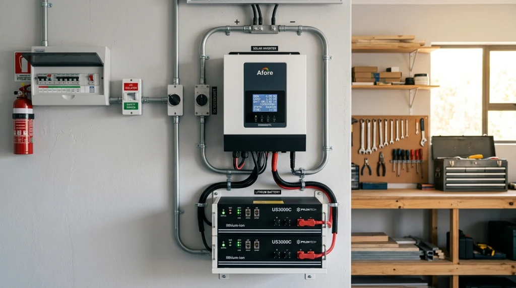 Illustrative inverter, battery, and electrical-panel arrangement; not a documented installation or wiring plan.