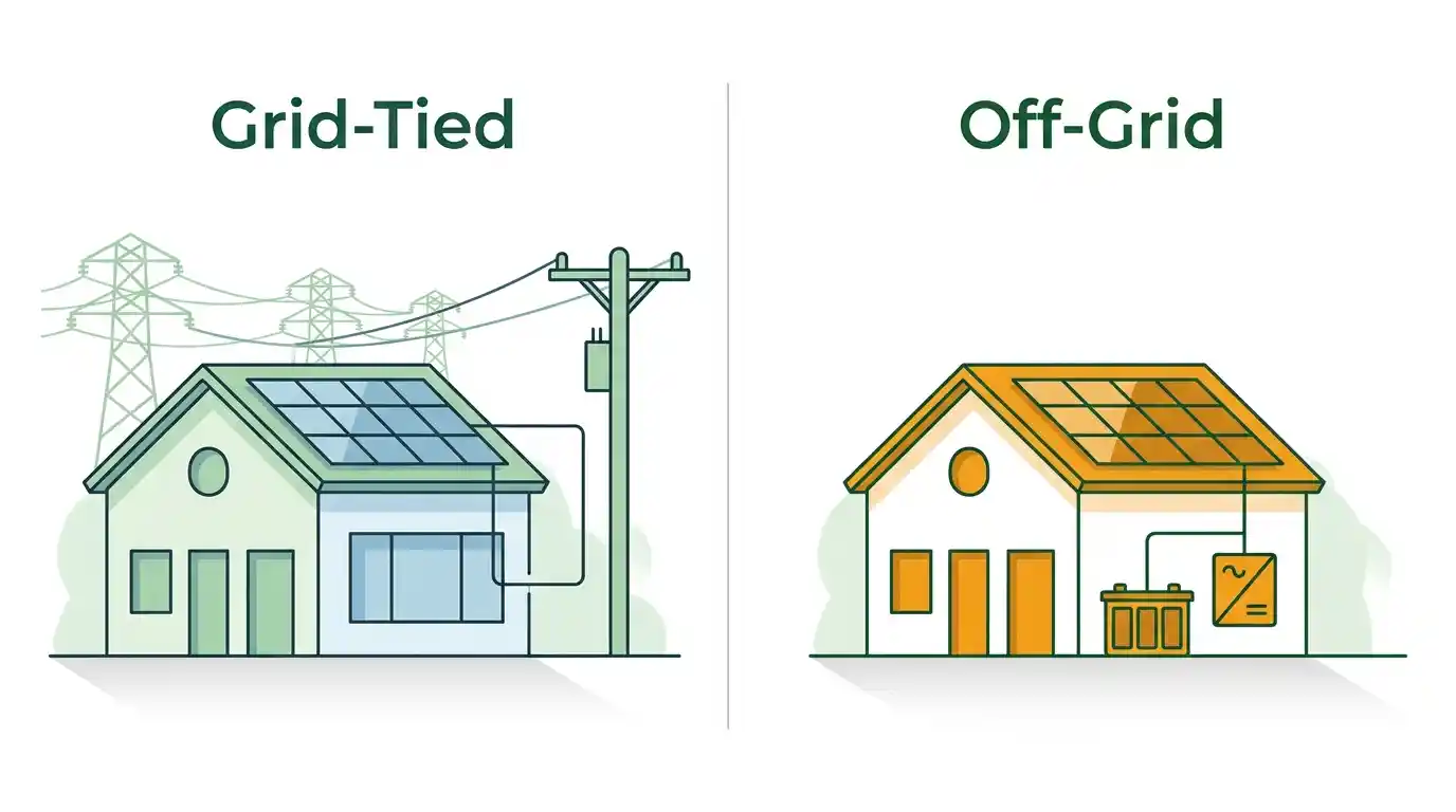 Conceptual comparison of grid-connected and stand-alone solar systems; not an electrical design