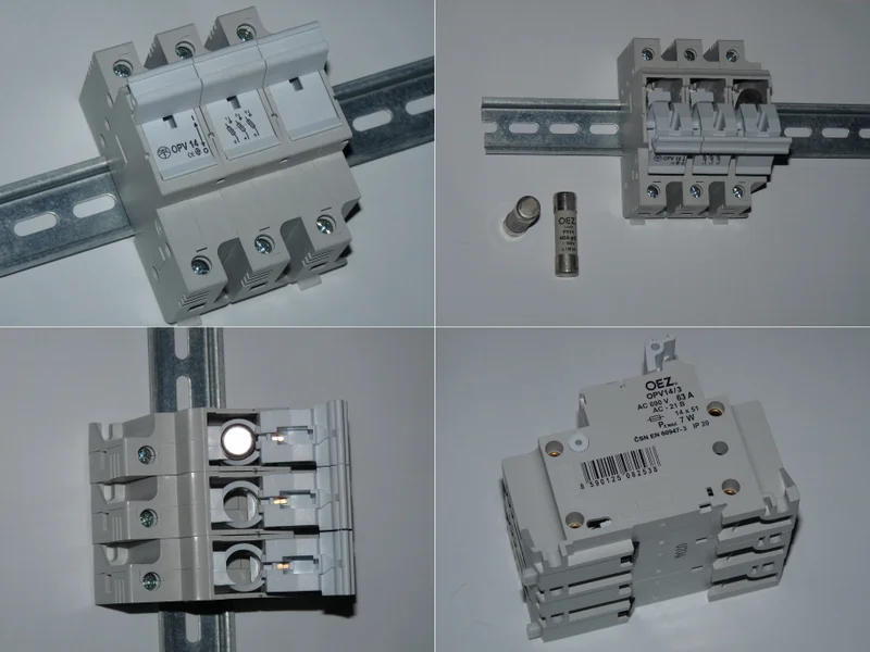 Example of a modular DIN-rail fuse disconnector switch assembly with ceramic cartridge fuses