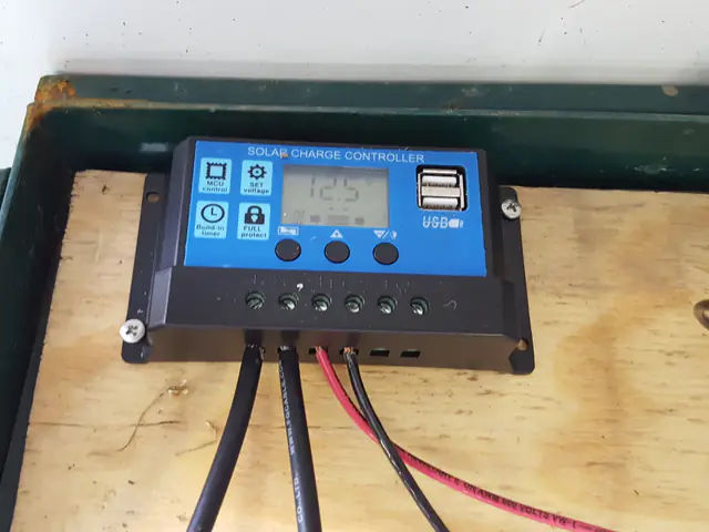 Standalone off-grid solar charge controller, DC breaker, and battery management wiring
