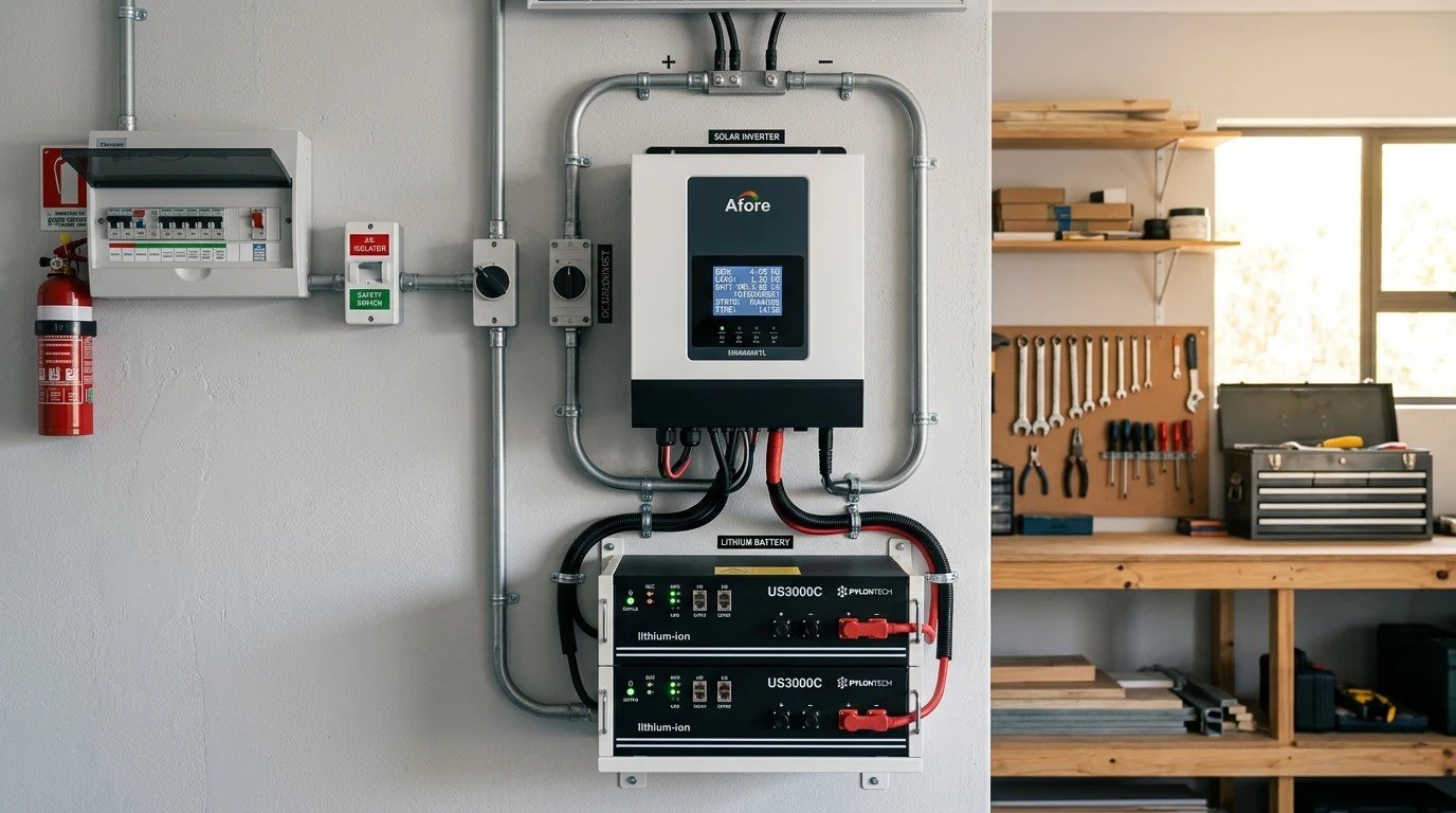 Illustrative inverter, battery, and electrical-panel arrangement; not a documented installation or wiring plan